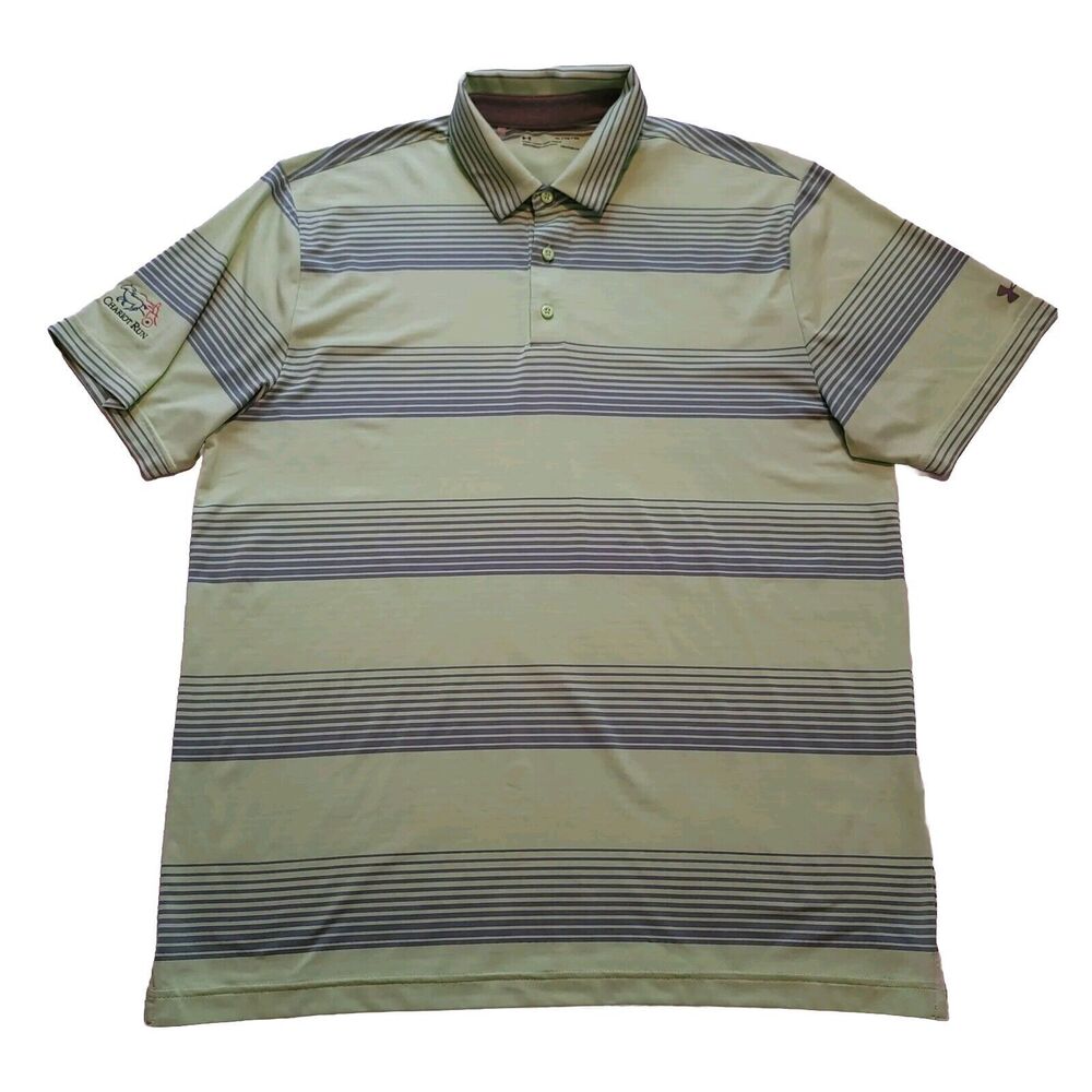 Under Armour Shirt Adult  XL loose Golf Polo Heat Gear Logo Green w/Gray stripe